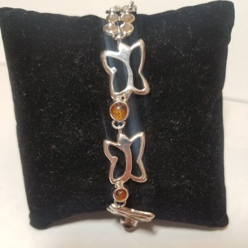 Modern Butterfly Non Tarnish 925 Sterling Silver Natural Amber Link Bracelet